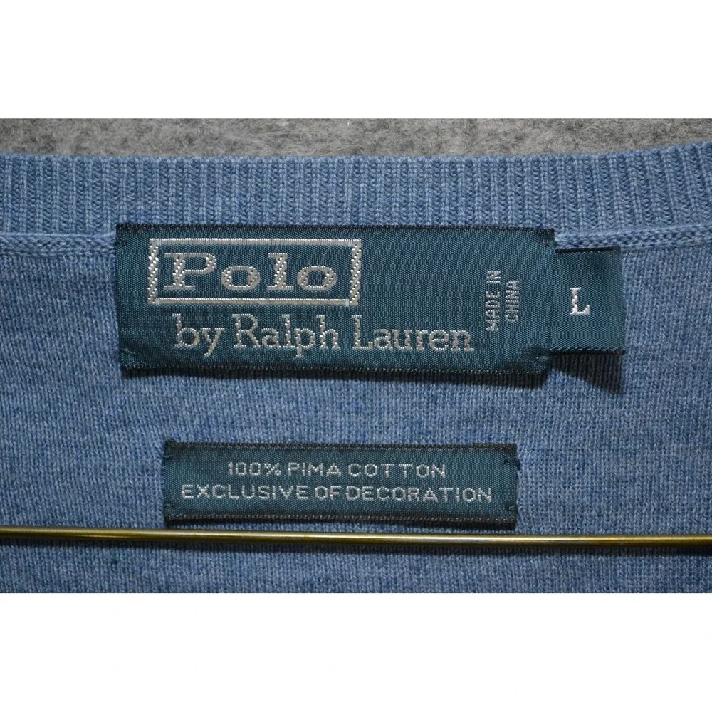 VTG Polo Ralph Lauren Sweater Mens L Blue‎ Pure Pima Cotton V Neck Knit Pullover